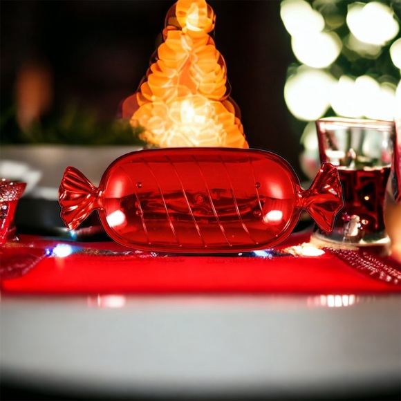 Christmas Holiday Metallic Red Molded Plastic Wrapped Candy Serving Platter Tray - Picture 2 of 6